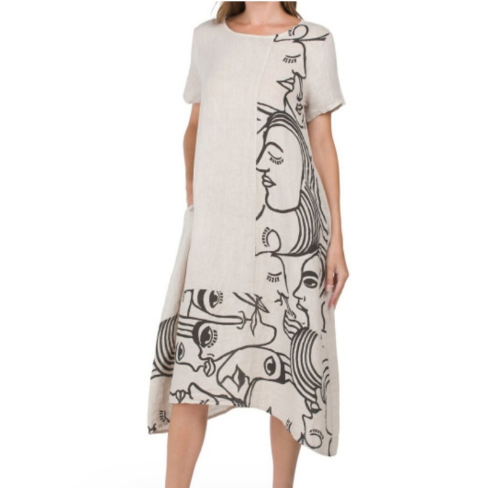 Caterina Ricci Artistic Abstract  Beige Linen Dress Size Large Asymmetrical